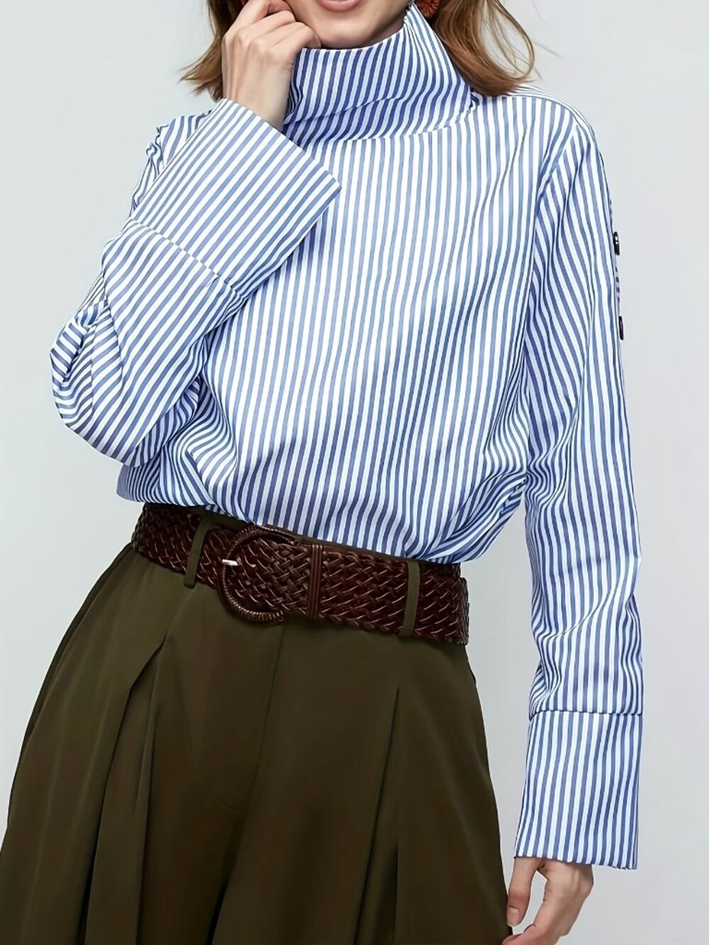 Striped Button Detail Sleeve Mock Neck Blouse - Picture 4 of 4